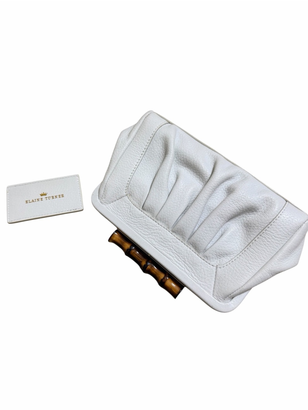 Elaine Turner White Leather Clutch Bamboo Handle with Small Mirror Chic Boho - Picture 8 of 11